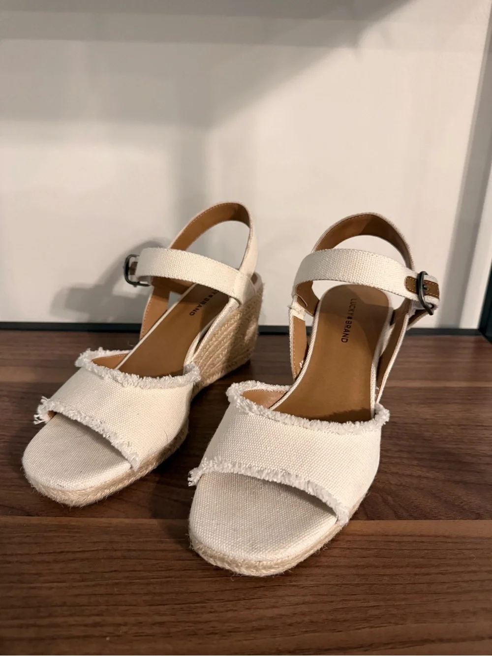 Lucky Brand Cream Canvas Espadrille Wedge Sandals